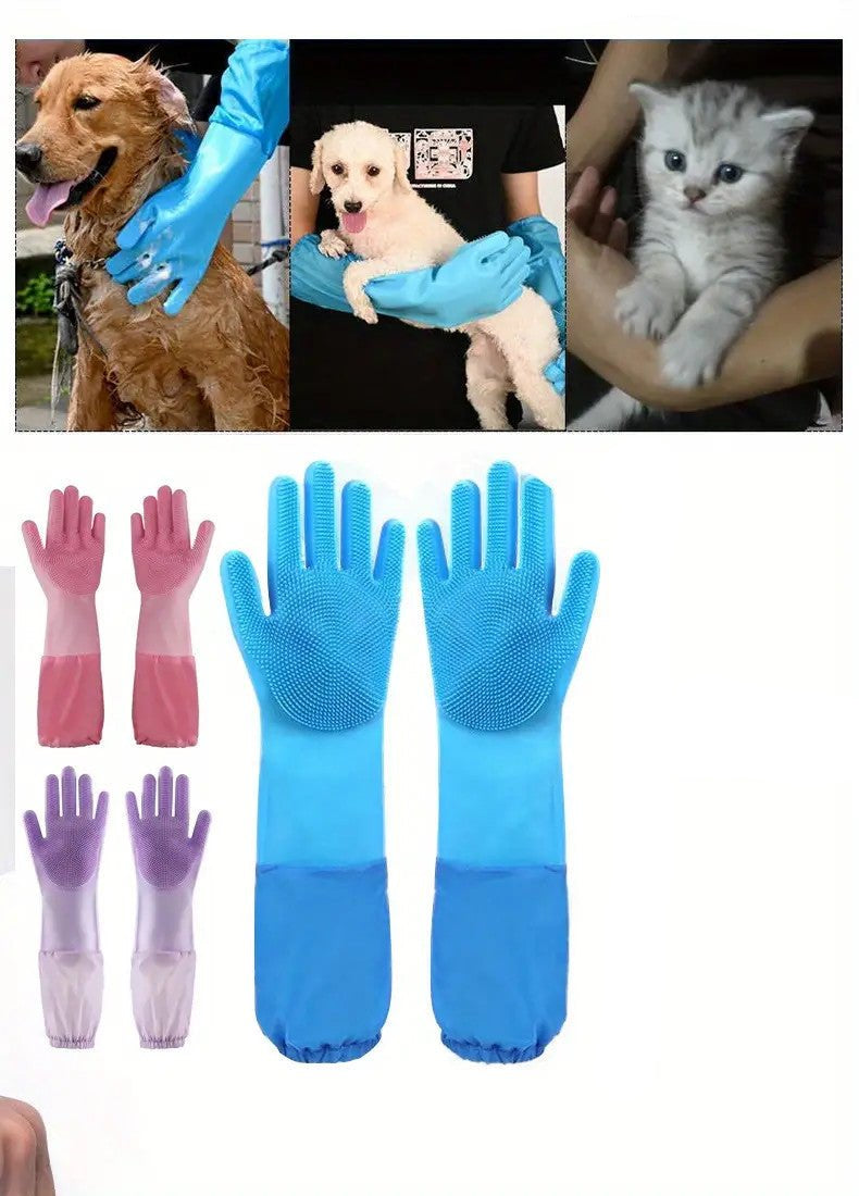 Extra Long Dog Grooming Gloves with Silicone Bristles for Easy Bathing and Massage – Pet Washing Mitts for Dogs and Cats 4