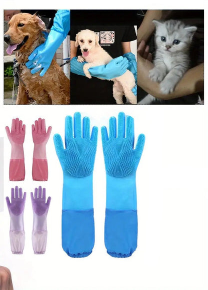 Extra Long Dog Grooming Gloves with Silicone Bristles for Easy Bathing and Massage – Pet Washing Mitts for Dogs and Cats 4