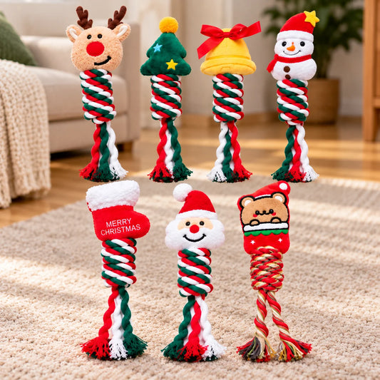 Festive dog toy rope with squeaker designed for interactive play, featuring durable polyester construction suitable for small to medium dogs, ideal for chewing and tugging 0