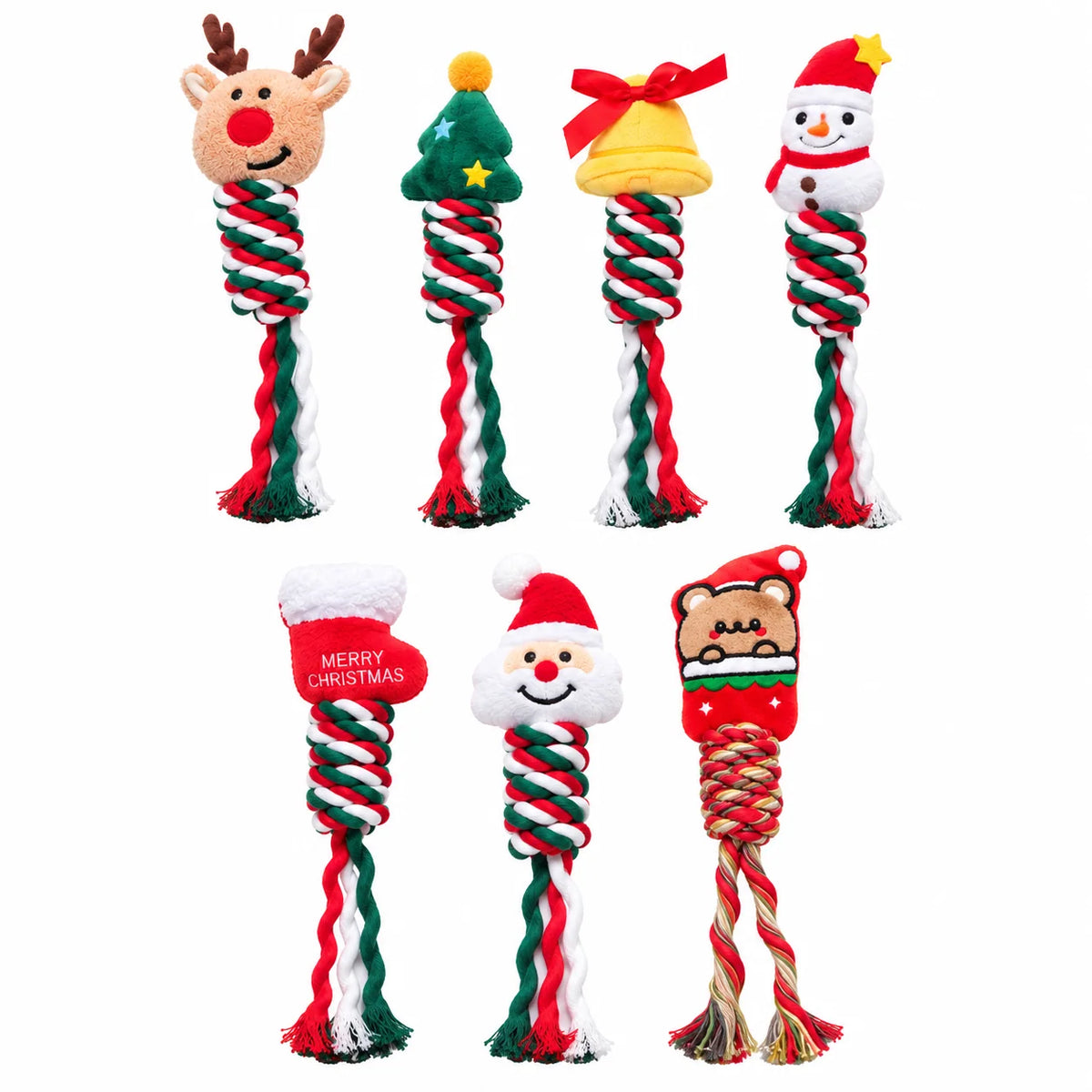 Festive dog toy rope with squeaker designed for interactive play, featuring durable polyester construction suitable for small to medium dogs, ideal for chewing and tugging 2