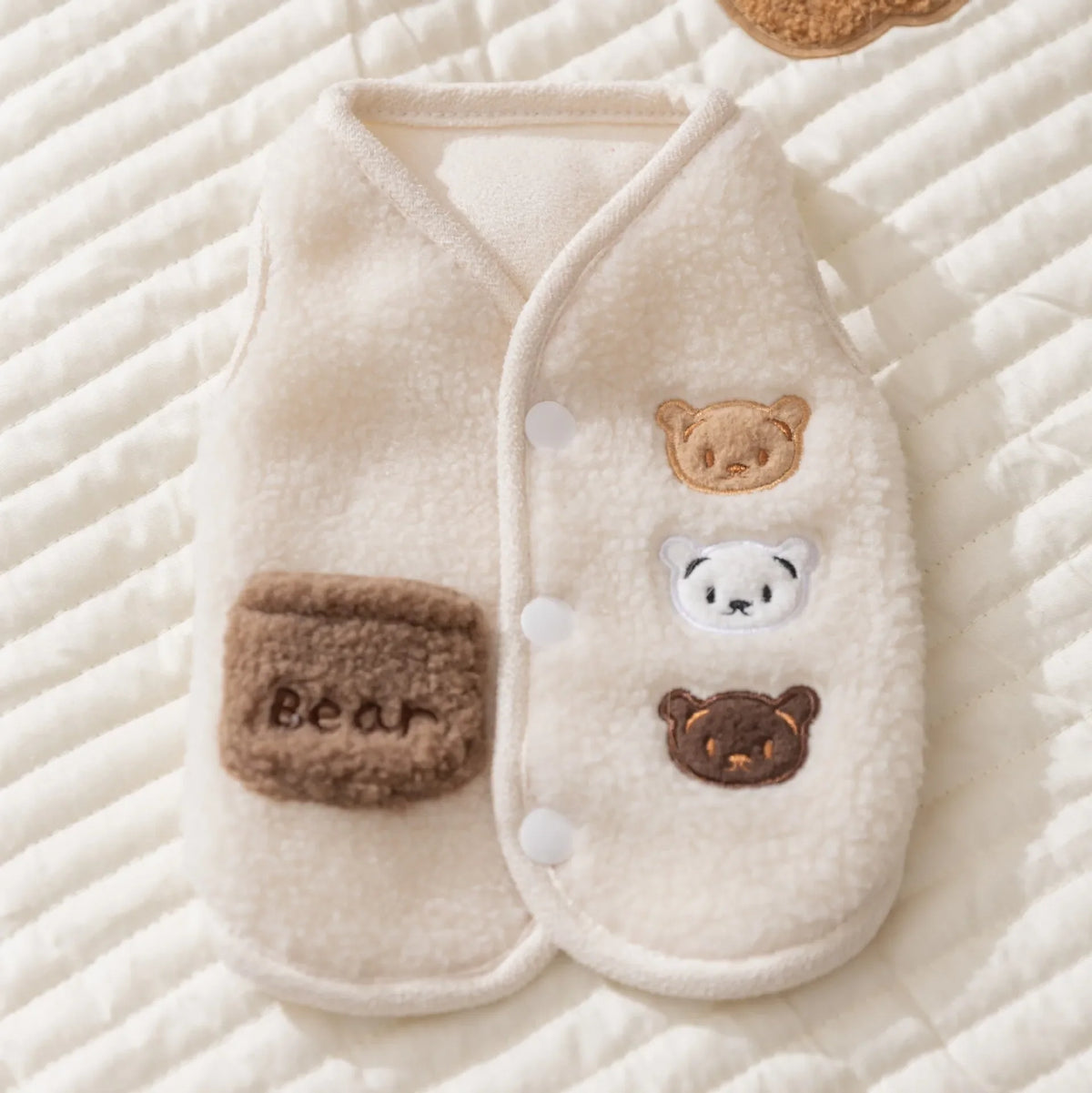 Fleece dog jacket for winter in white and brown, warm vest style designed for small dogs, featuring a soft and comfortable fit, available in multiple sizes 0