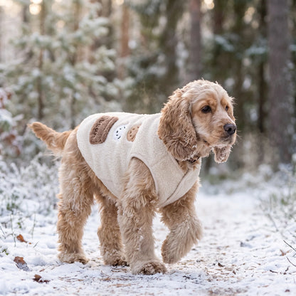 Fleece dog jacket for winter in white and brown, warm vest style designed for small dogs, featuring a soft and comfortable fit, available in multiple sizes 1