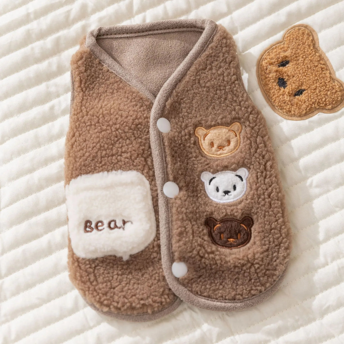 Fleece dog jacket for winter in white and brown, warm vest style designed for small dogs, featuring a soft and comfortable fit, available in multiple sizes 2