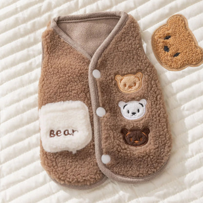 Fleece dog jacket for winter in white and brown, warm vest style designed for small dogs, featuring a soft and comfortable fit, available in multiple sizes 2