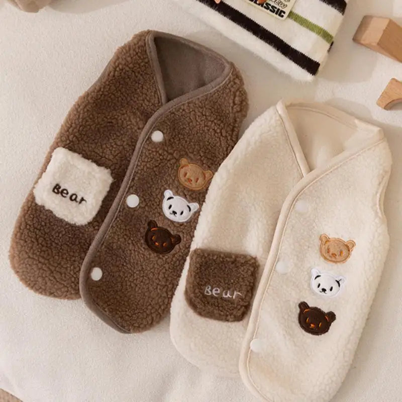 Fleece dog jacket for winter in white and brown, warm vest style designed for small dogs, featuring a soft and comfortable fit, available in multiple sizes 3