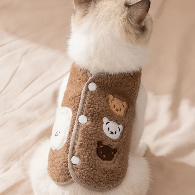 Fleece dog jacket for winter in white and brown, warm vest style designed for small dogs, featuring a soft and comfortable fit, available in multiple sizes 4
