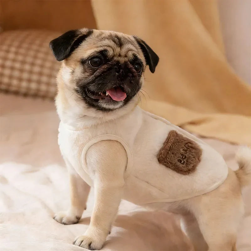 Fleece dog jacket for winter in white and brown, warm vest style designed for small dogs, featuring a soft and comfortable fit, available in multiple sizes 5