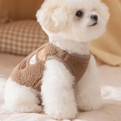 Fleece dog jacket for winter in white and brown, warm vest style designed for small dogs, featuring a soft and comfortable fit, available in multiple sizes 6