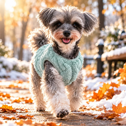Fleece dog sweater for small to medium dogs, featuring a sleeveless design for added warmth and comfort during cold weather. 0