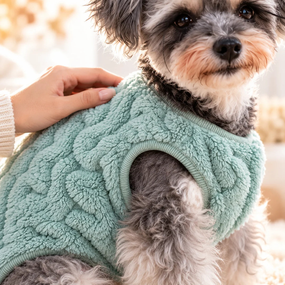 Fleece dog sweater for small to medium dogs, featuring a sleeveless design for added warmth and comfort during cold weather. 4