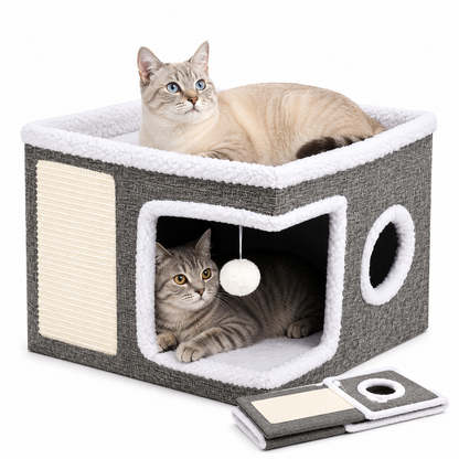 Foldable Cat House with Tunnel, Scratcher, and Cozy Bed in a Multi-Level Design, perfect for indoor cats to play, scratch, and relax 0