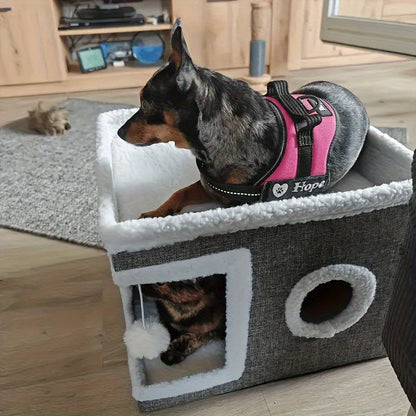 Foldable Cat House with Tunnel, Scratcher, and Cozy Bed in a Multi-Level Design, perfect for indoor cats to play, scratch, and relax 3