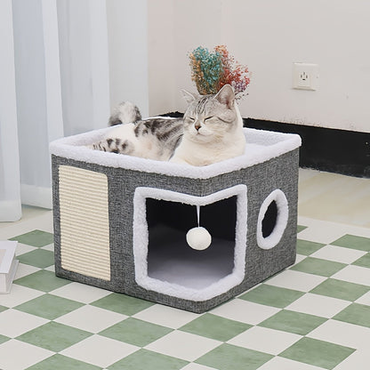 Foldable Cat House with Tunnel, Scratcher, and Cozy Bed in a Multi-Level Design, perfect for indoor cats to play, scratch, and relax 4