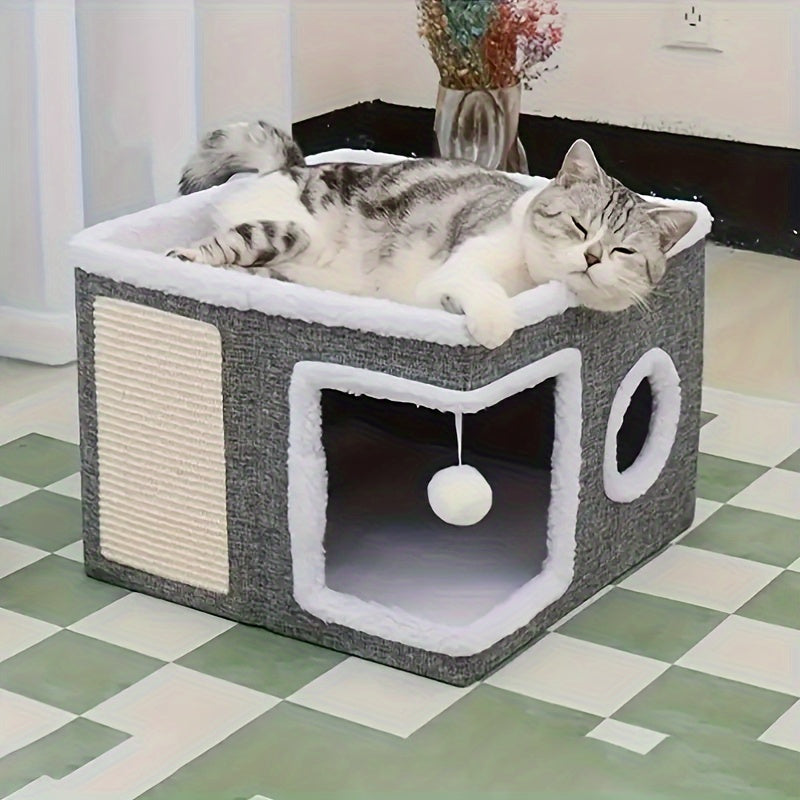 Foldable Cat House with Tunnel, Scratcher, and Cozy Bed in a Multi-Level Design, perfect for indoor cats to play, scratch, and relax 5