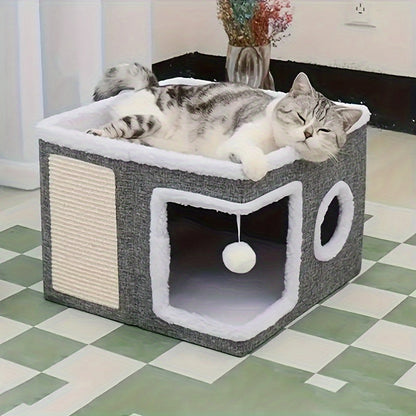 Foldable Cat House with Tunnel, Scratcher, and Cozy Bed in a Multi-Level Design, perfect for indoor cats to play, scratch, and relax 5