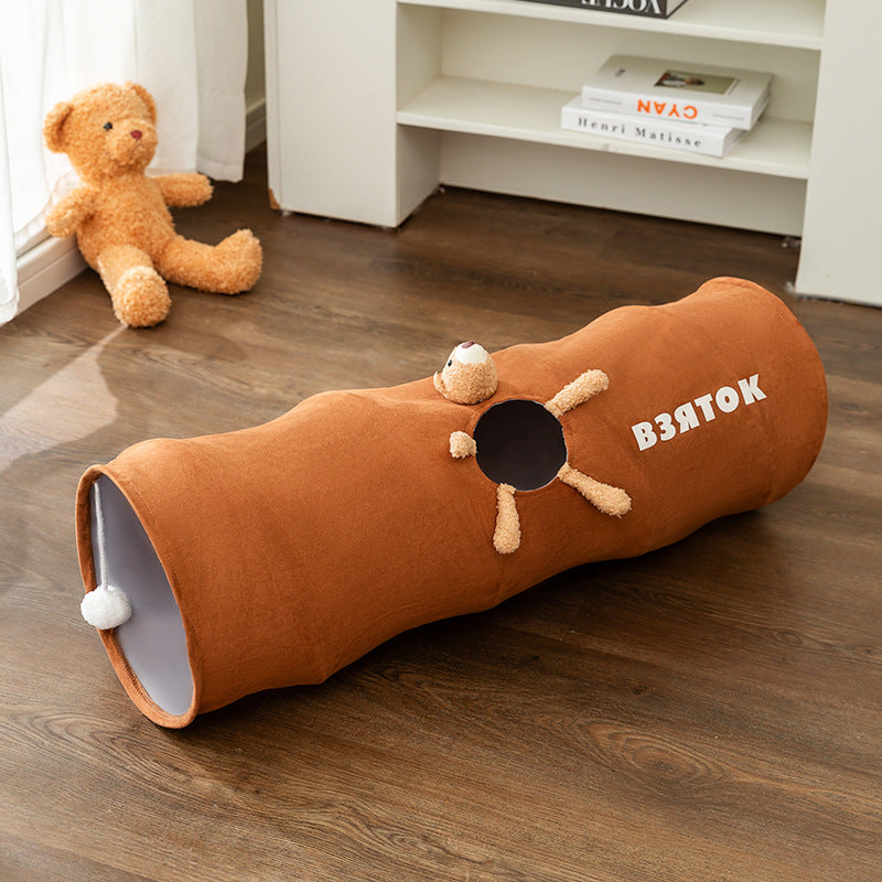 Foldable Cat Play Tunnel with Plush Toy and Multiple Openings – Durable and Compact Design 0