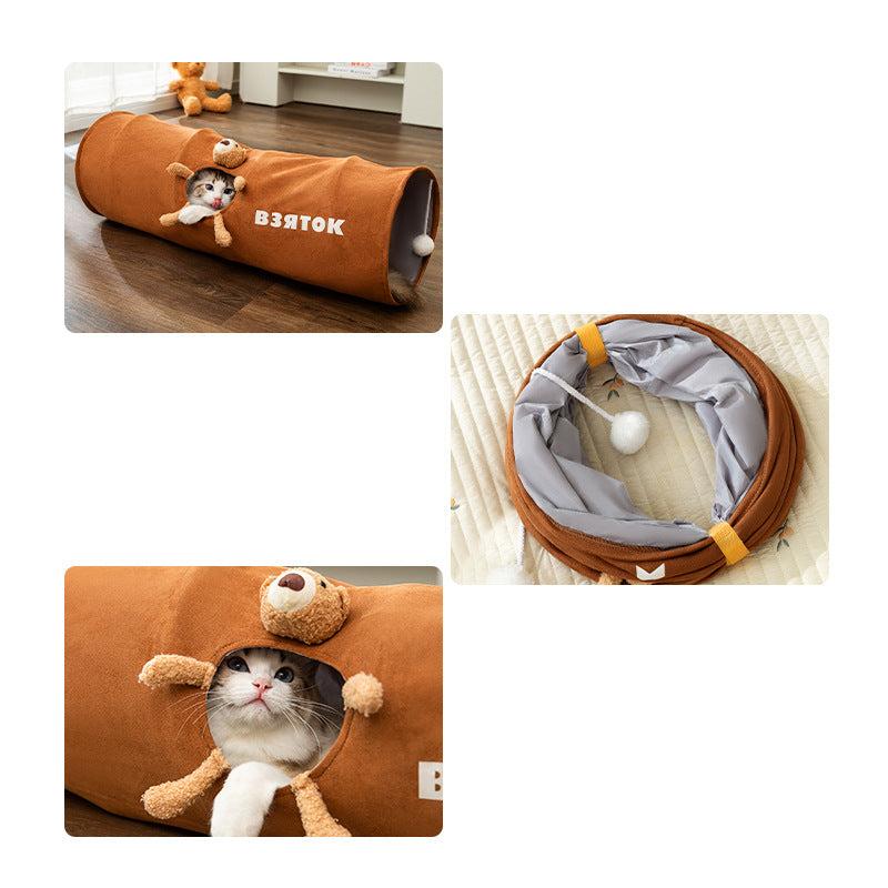 Foldable Cat Play Tunnel with Plush Toy and Multiple Openings – Durable and Compact Design 3