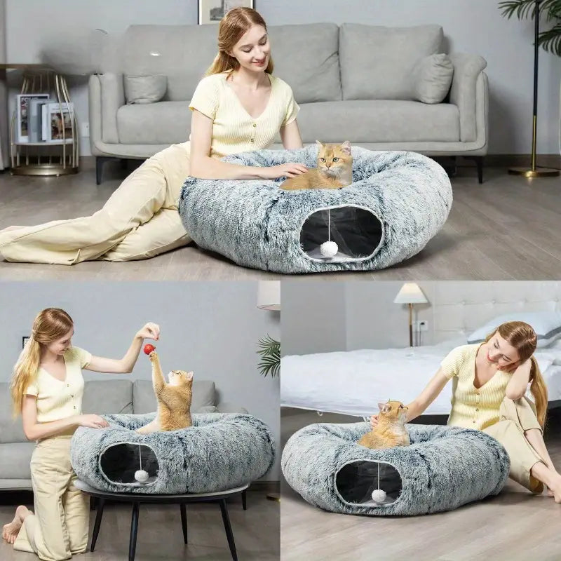Foldable Cat Tunnel with Soft Plush Bed – Interactive Play and Relaxation Zone 3