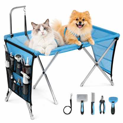 Foldable dog grooming table with hammock, featuring a stable surface for small dogs and cats, designed for easy storage and portability. 1