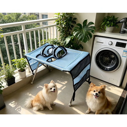 Foldable dog grooming table with hammock, featuring a stable surface for small dogs and cats, designed for easy storage and portability. 4
