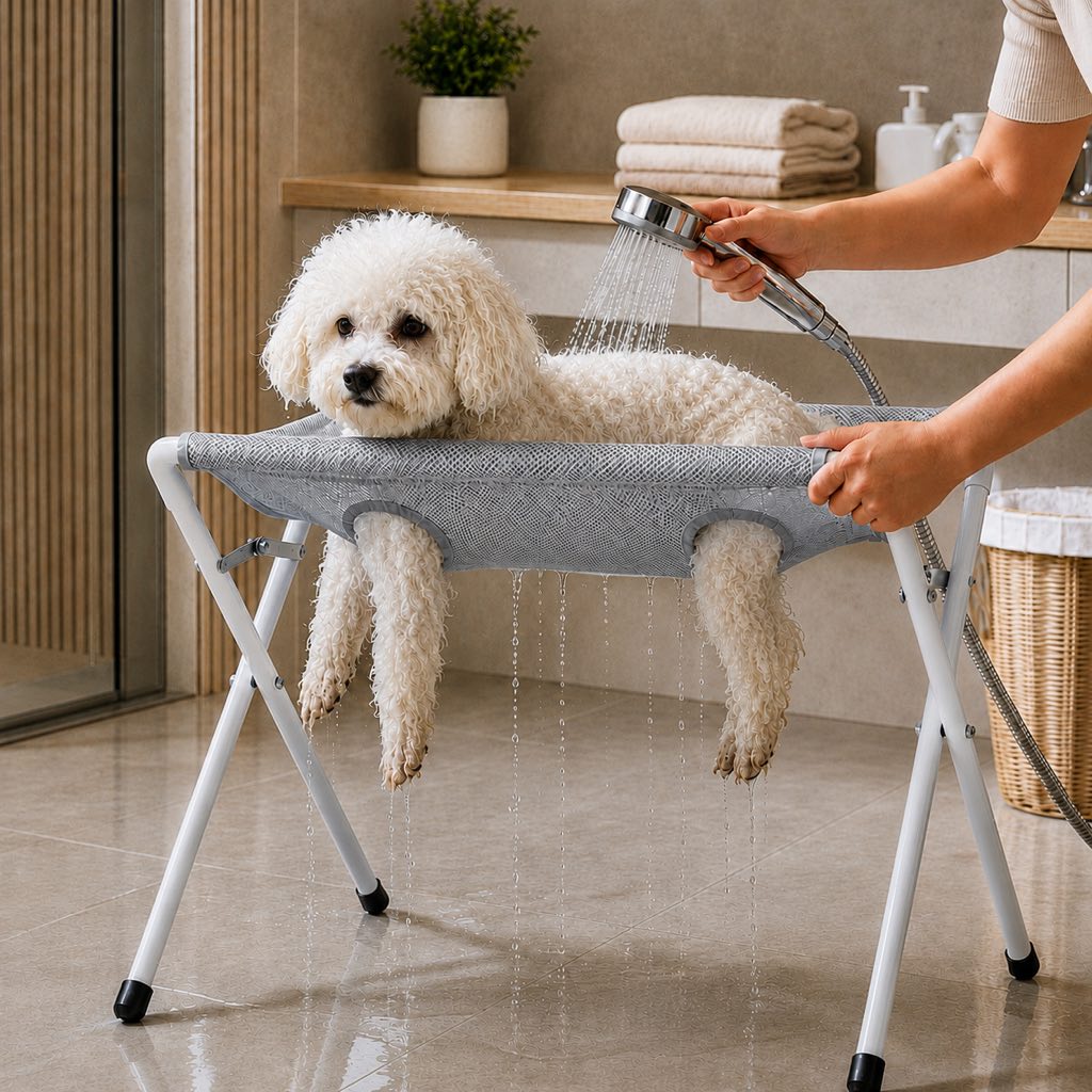Foldable Pet Grooming Rack for Cats and Small Dogs featuring an 8-opening design in durable white coated metal, providing elevated support for easy grooming. 0