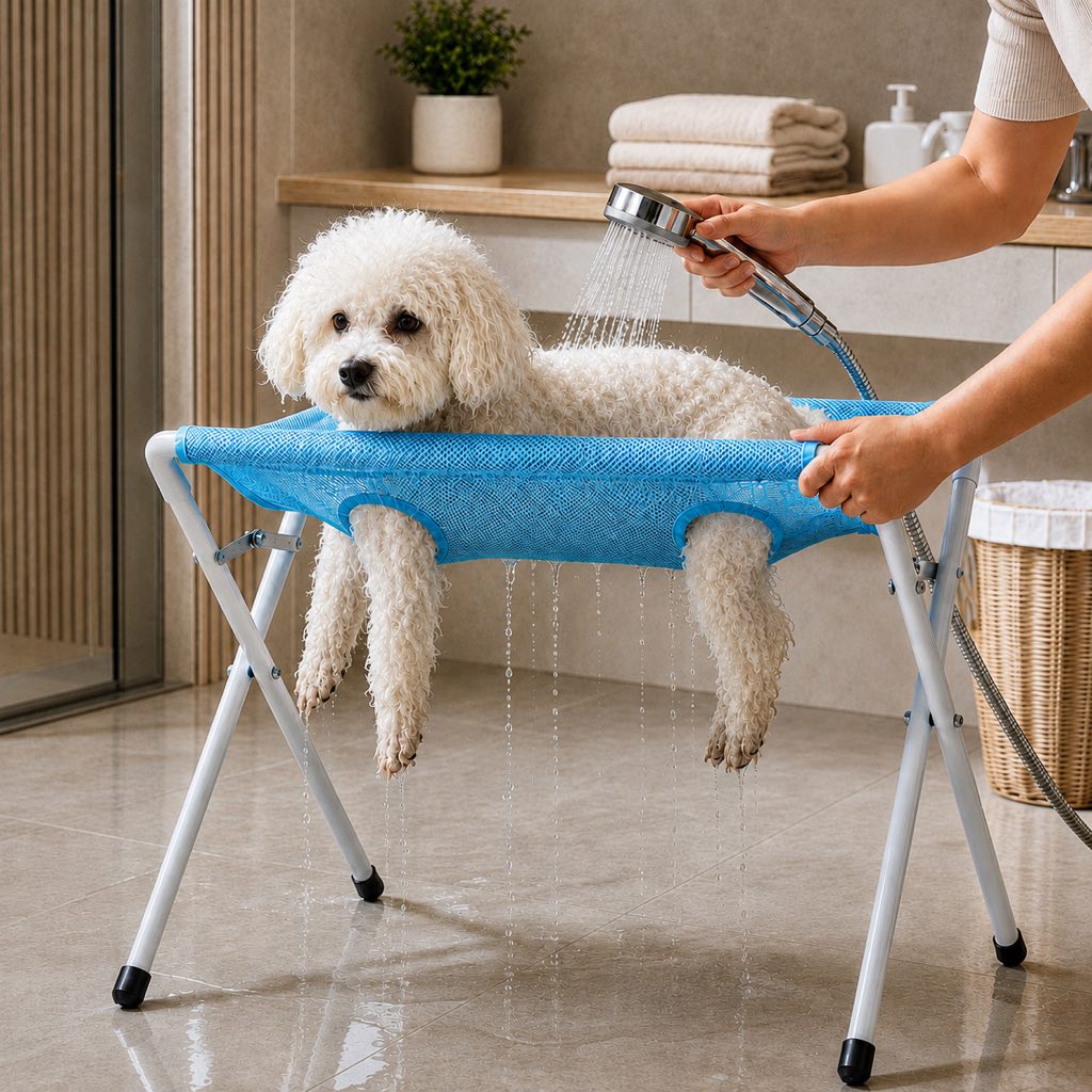 Foldable Pet Grooming Rack for Cats and Small Dogs featuring an 8-opening design in durable white coated metal, providing elevated support for easy grooming. 1