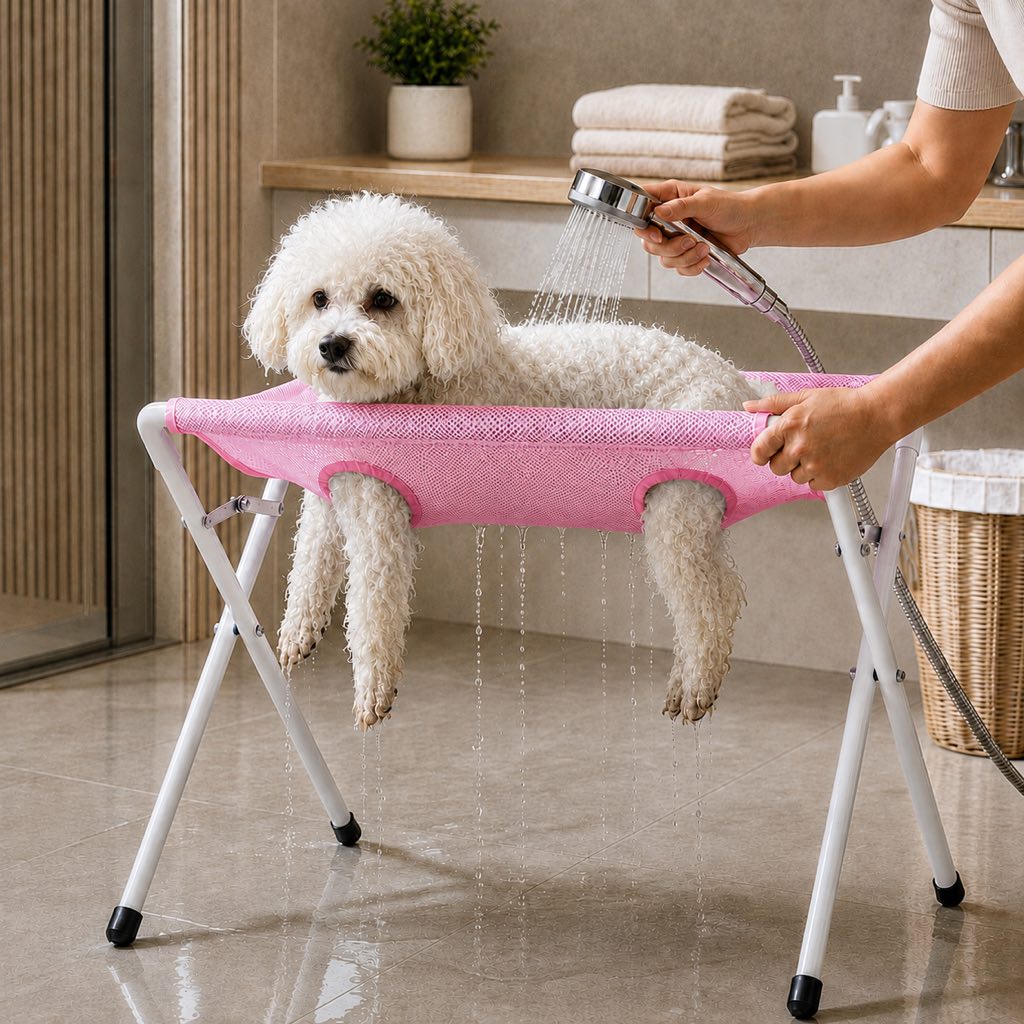 Foldable Pet Grooming Rack for Cats and Small Dogs featuring an 8-opening design in durable white coated metal, providing elevated support for easy grooming. 10