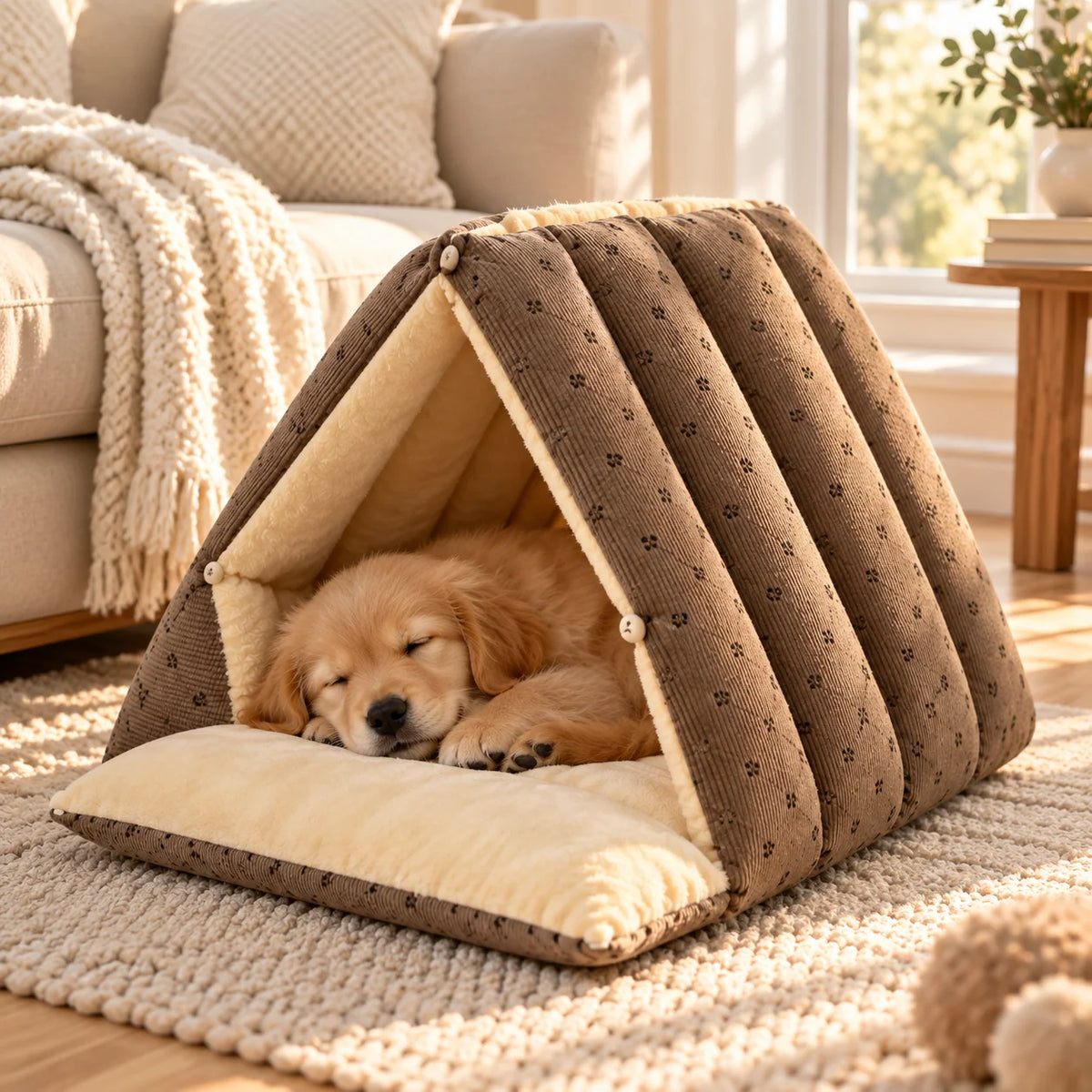 Foldable pet tent house for cats and small dogs featuring a cozy soft padded interior, perfect for indoor relaxation and comfort. 2
