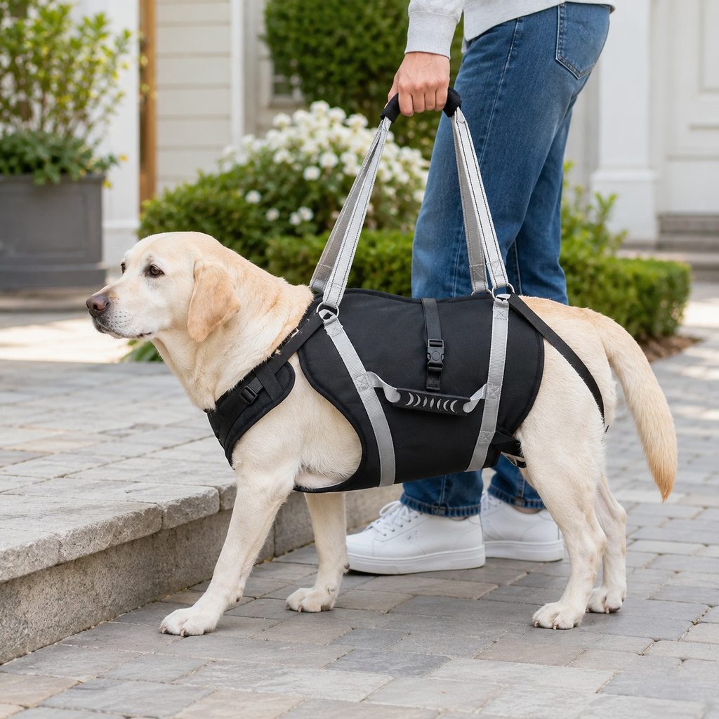 Full-Body Dog Lift Support Harness for Large Dogs featuring adjustable reflective straps and padded mesh zones for enhanced comfort and mobility assistance. 0