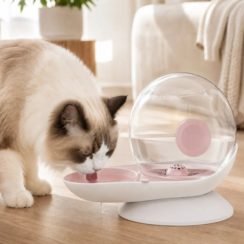 Gravity Pet Waterer with Automatic Refill System, 2.8L capacity, designed for cats and small dogs, featuring a stylish fountain design for 10