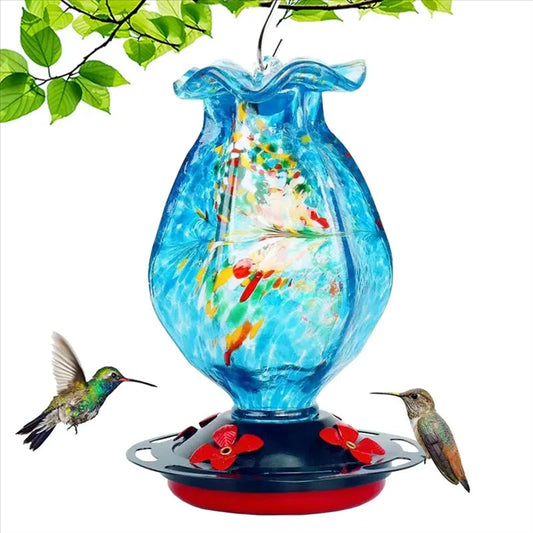 Hand Blown Glass Hummingbird Feeder in Ocean Blue with Durable Metal Base 0