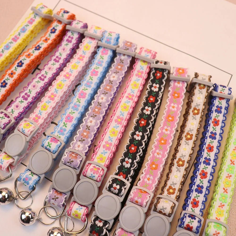 Handmade Floral Pattern Pet Collar for Cats and Puppies – Adjustable with Bell 2