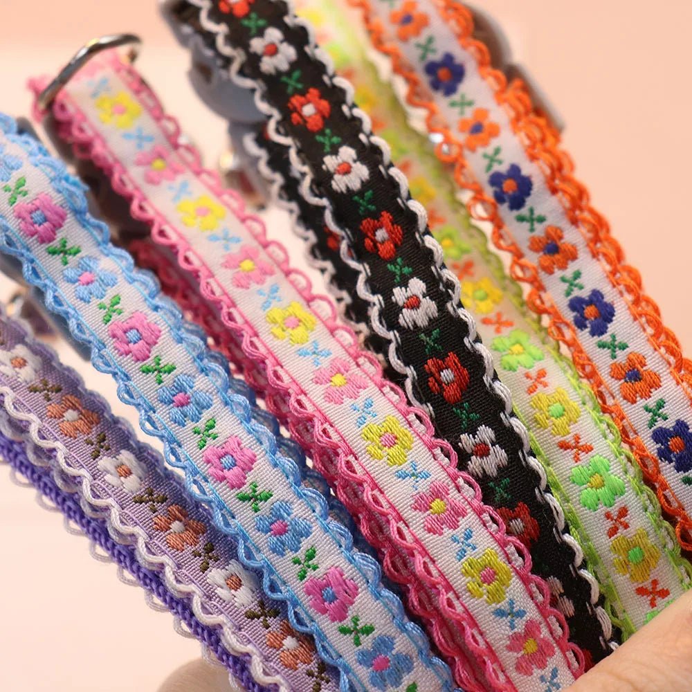 Handmade Floral Pattern Pet Collar for Cats and Puppies – Adjustable with Bell 5