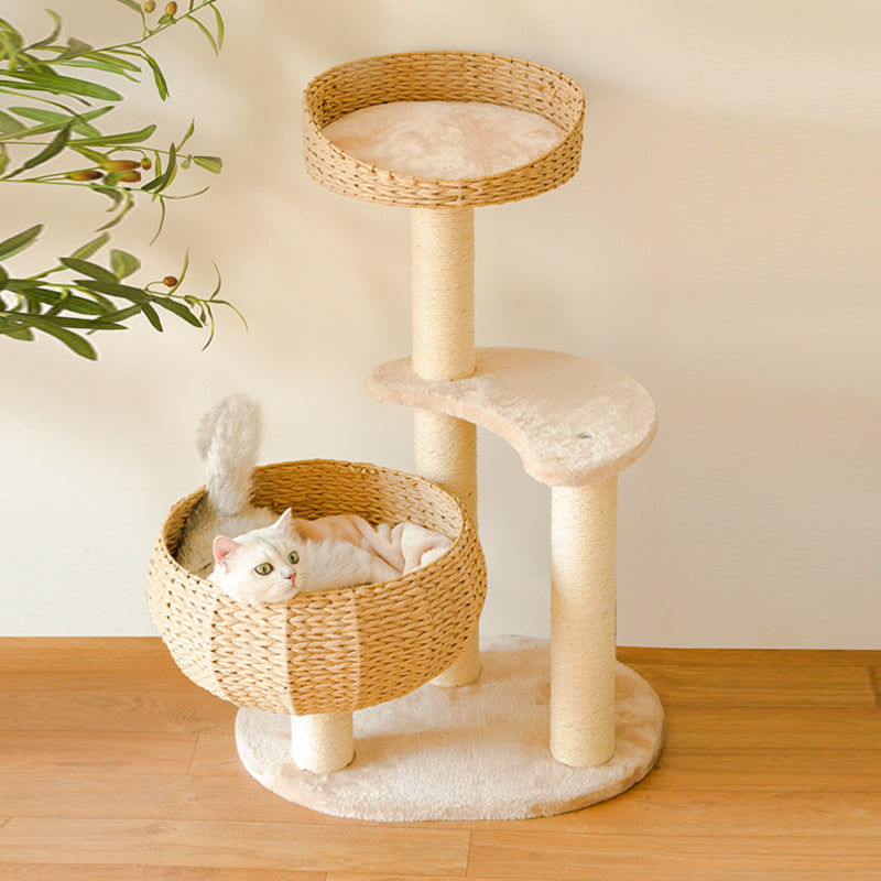 Handmade Plush Cat Tree with Cozy Sleep Bowl and Sisal Rope – Multi-Functional Cat Furniture for Climbing and Scratching 0