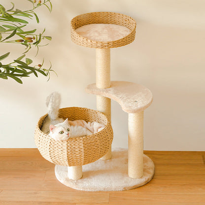 Handmade Plush Cat Tree with Cozy Sleep Bowl and Sisal Rope – Multi-Functional Cat Furniture for Climbing and Scratching 0