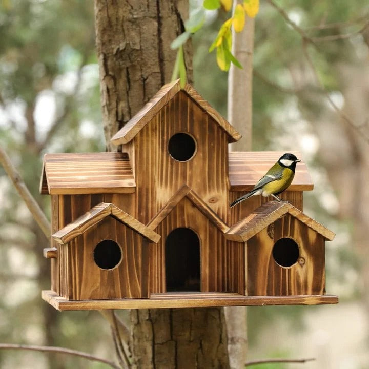 Handmade Wooden Birdhouse with 6 Nesting Chambers – Weatherproof Rustic Design for Small Birds 0