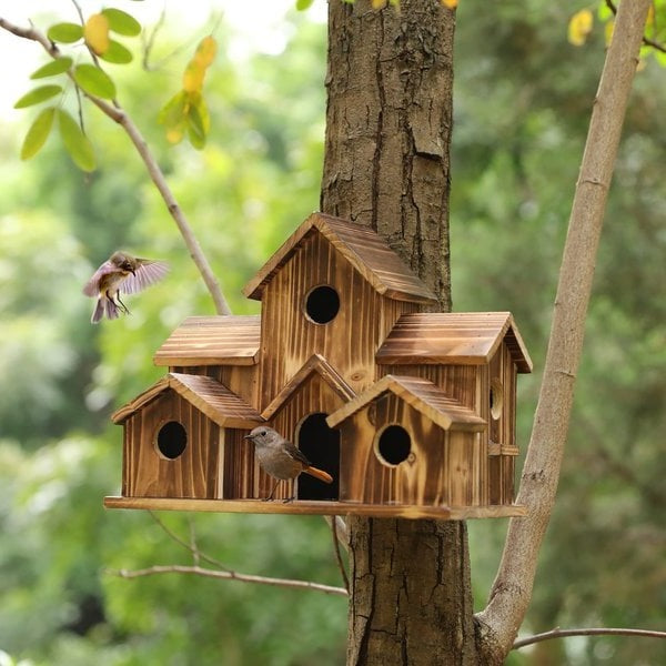 Handmade Wooden Birdhouse with 6 Nesting Chambers – Weatherproof Rustic Design for Small Birds 2