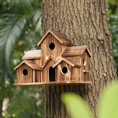 Handmade Wooden Birdhouse with 6 Nesting Chambers – Weatherproof Rustic Design for Small Birds 3