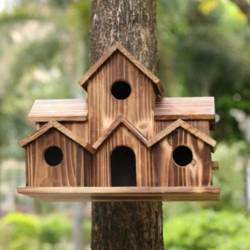 Handmade Wooden Birdhouse with 6 Nesting Chambers – Weatherproof Rustic Design for Small Birds 4