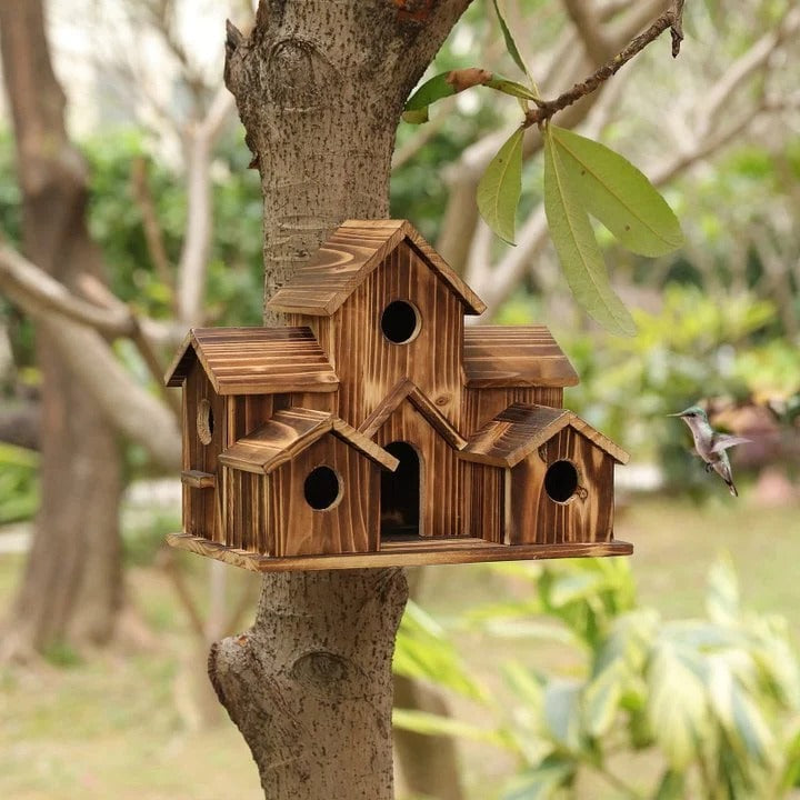 Handmade Wooden Birdhouse with 6 Nesting Chambers – Weatherproof Rustic Design for Small Birds 5