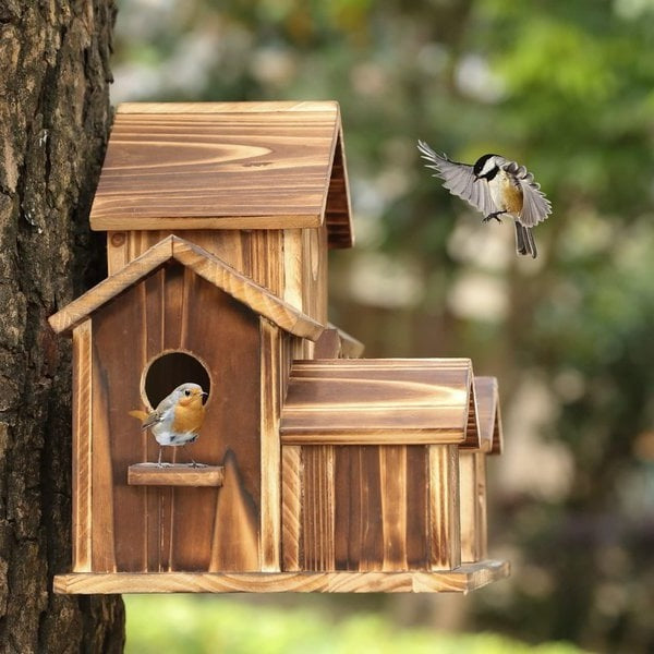 Handmade Wooden Birdhouse with 6 Nesting Chambers – Weatherproof Rustic Design for Small Birds 6