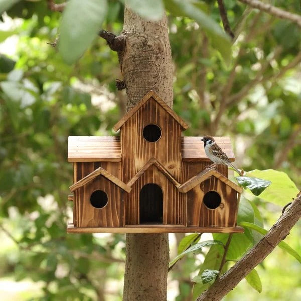 Handmade Wooden Birdhouse with 6 Nesting Chambers – Weatherproof Rustic Design for Small Birds 7