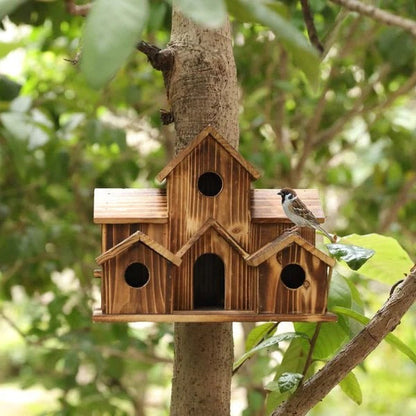 Handmade Wooden Birdhouse with 6 Nesting Chambers – Weatherproof Rustic Design for Small Birds 7