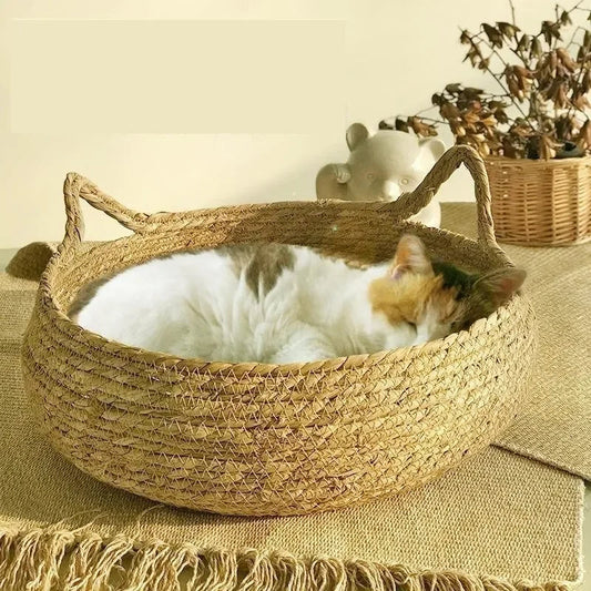Handmade Woven Cat Bed with Removable Seasonal Warmth Pad – Cozy and Breathable Design 0