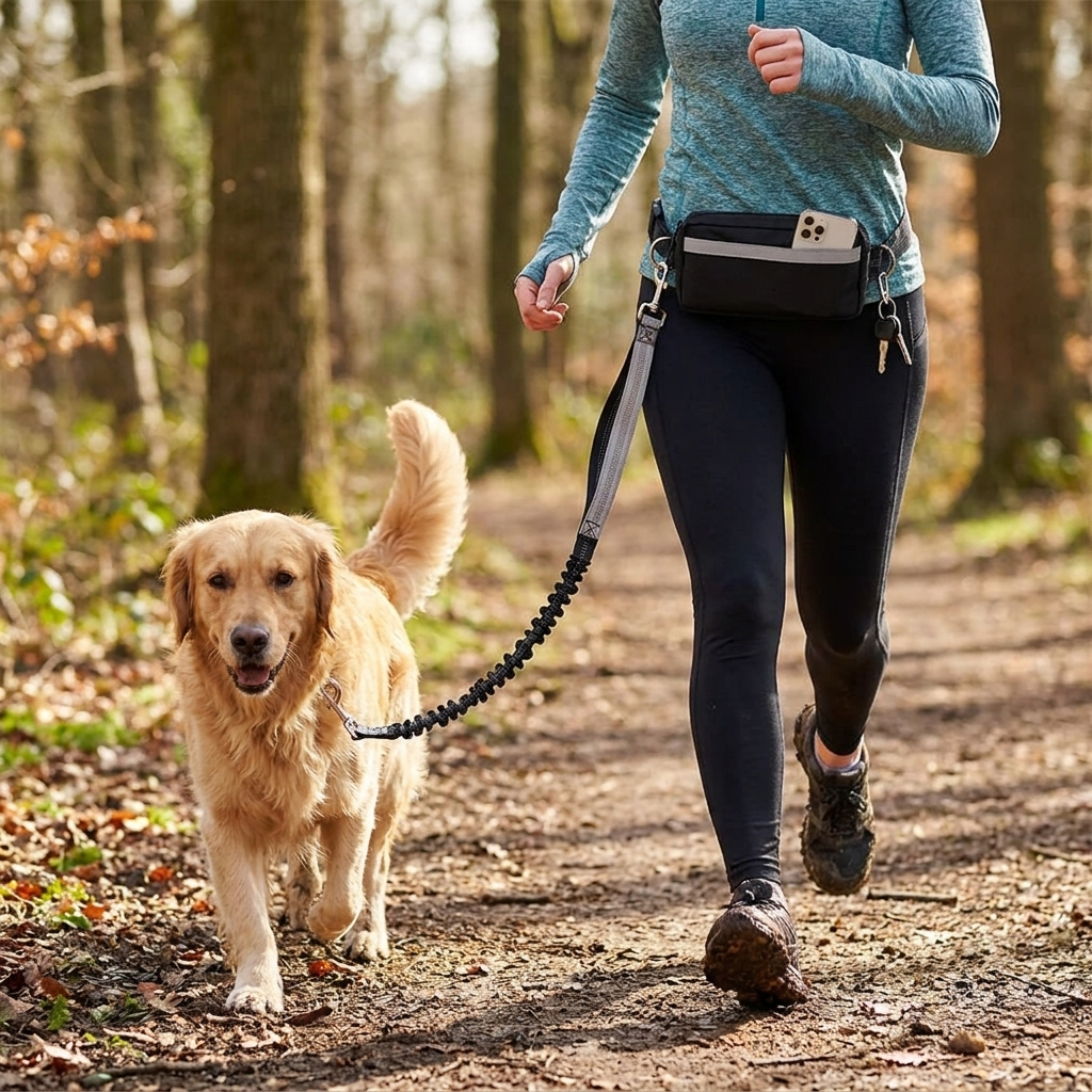 Hands-free dog leash featuring a double handle and reflective bungee design, equipped with an adjustable waist belt for safe and comfortable walking with your pet. 1