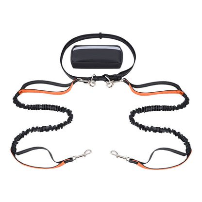 Hands-free dog leash featuring a double handle and reflective bungee design, equipped with an adjustable waist belt for safe and comfortable walking with your pet. 10