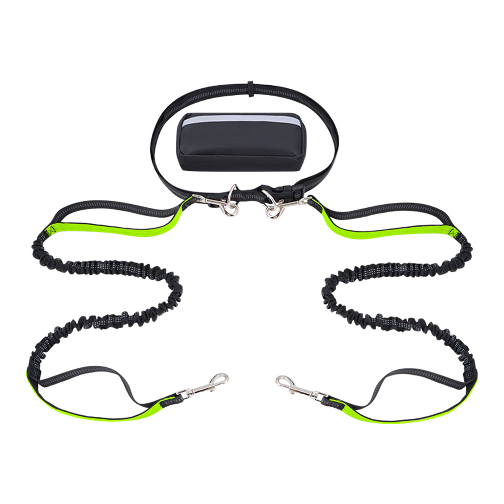 Hands-free dog leash featuring a double handle and reflective bungee design, equipped with an adjustable waist belt for safe and comfortable walking with your pet. 11