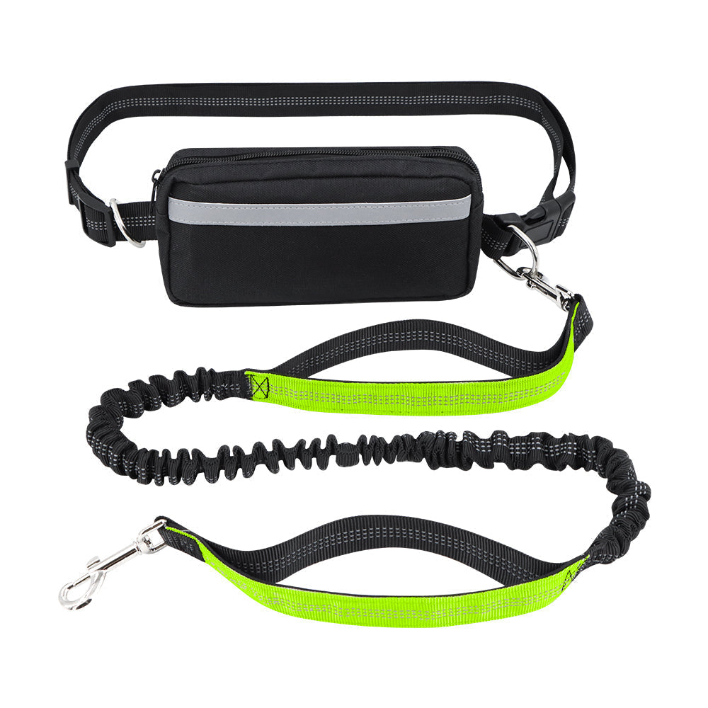 Hands-free dog leash featuring a double handle and reflective bungee design, equipped with an adjustable waist belt for safe and comfortable walking with your pet. 14
