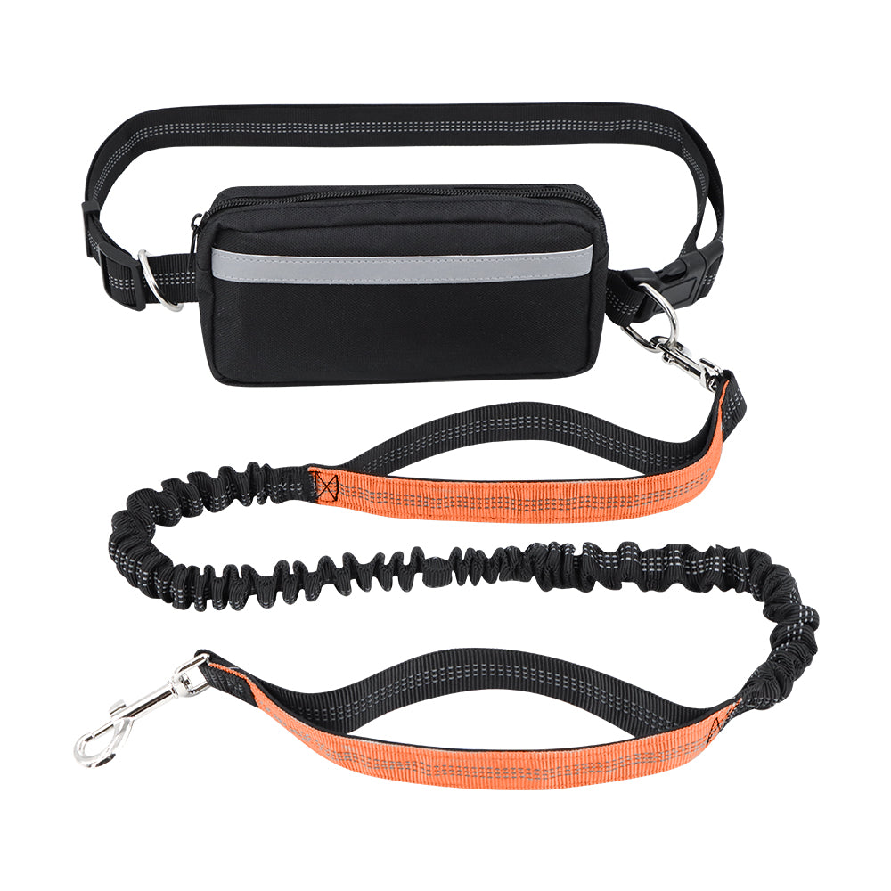 Hands-free dog leash featuring a double handle and reflective bungee design, equipped with an adjustable waist belt for safe and comfortable walking with your pet. 15