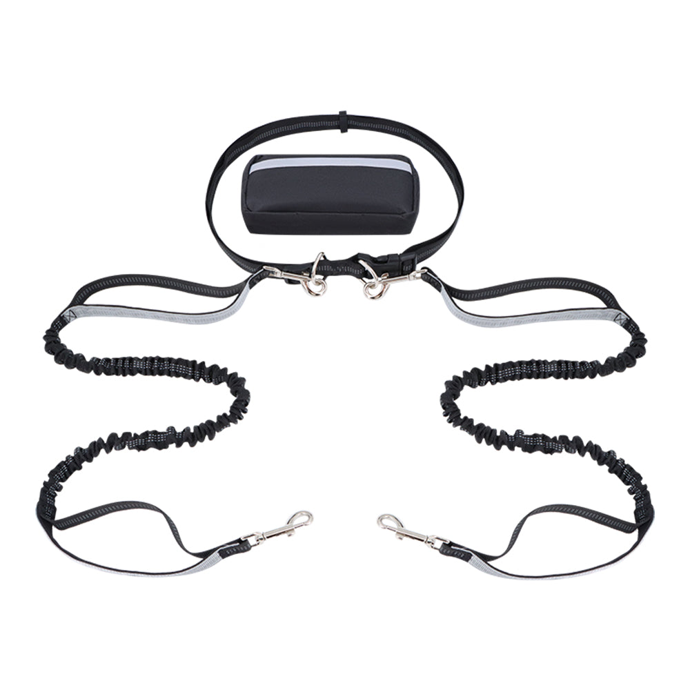 Hands-free dog leash featuring a double handle and reflective bungee design, equipped with an adjustable waist belt for safe and comfortable walking with your pet. 2